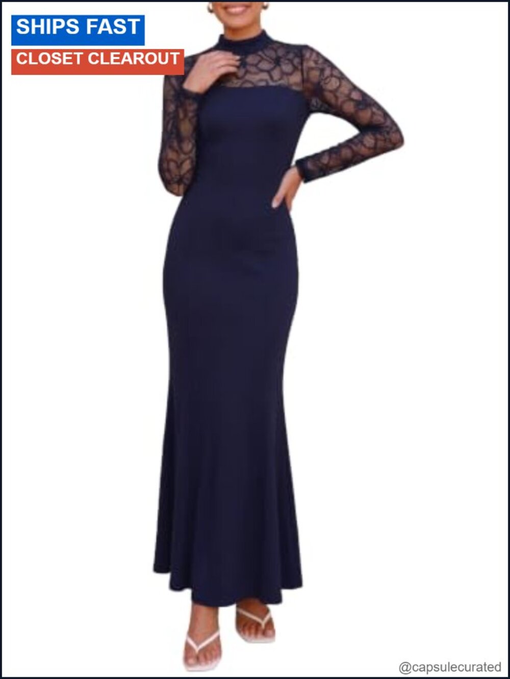 Lace Sheer Bodycon Maxi Dress Mock Neck Long Sleeve Formal Cocktail